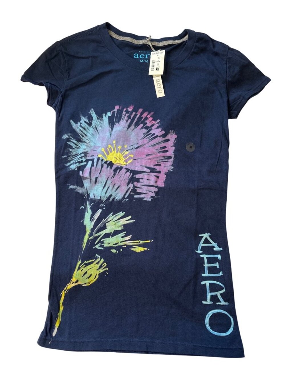 Aero Womens Navy Graphic T-Shirt M Short Sleeve Floral Design Cotton Casual